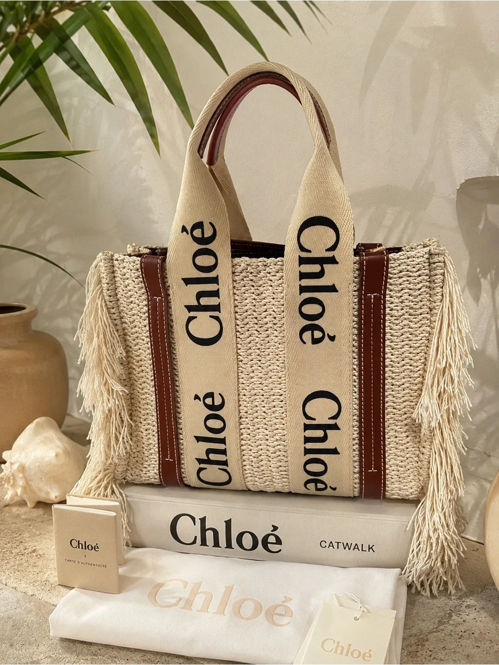 Chloé Natural crochet Tote with Branded Canvas Straps and Brown Leather Trim